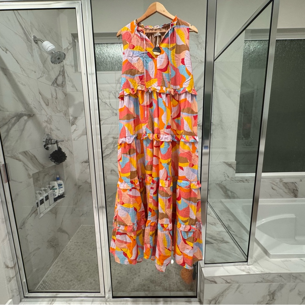 Orange Abstract Ruffle Tiered Maternity Maxi Dress